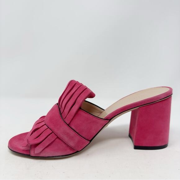 Gucci GG Marmont Pink Suede Fringe Mules Sandals - Picture 7 of 11